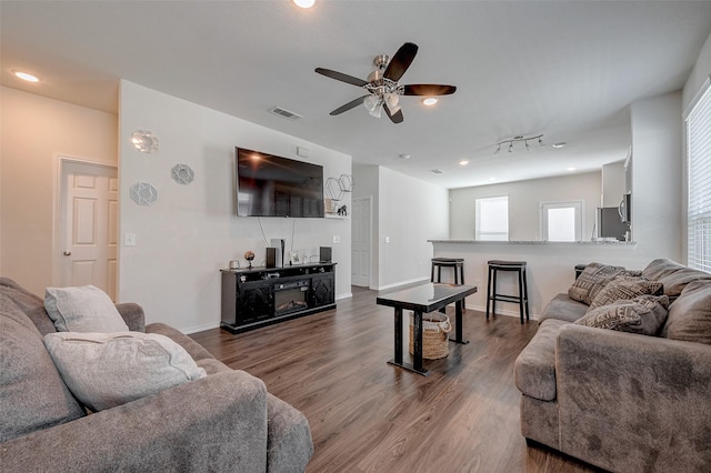 living room with hardwood / wood-style flooring and ceiling fan