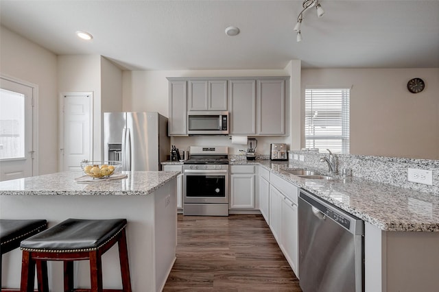 kitchen with sink, a breakfast bar, stainless steel appliances, light stone counters, and dark hardwood / wood-style flooring