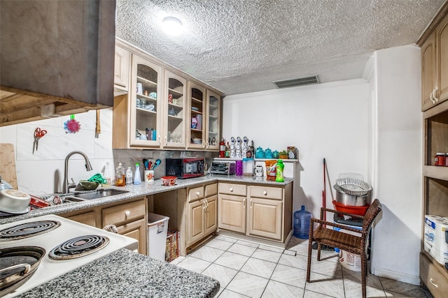 kitchen with light brown cabinetry, sink, tasteful backsplash, a textured ceiling, and light stone countertops