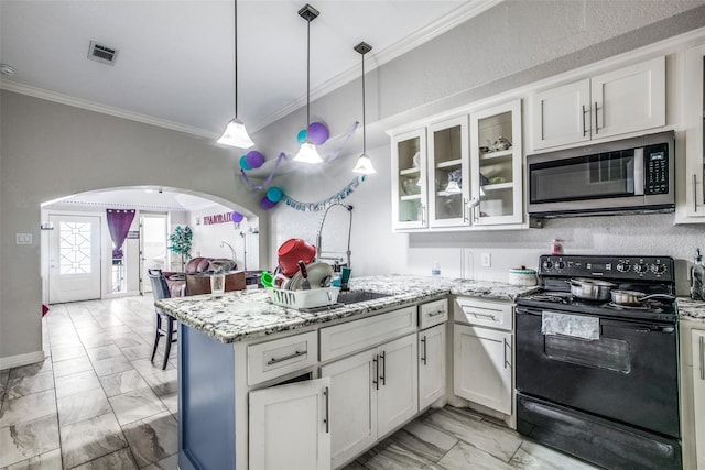 kitchen featuring white cabinetry, black range with electric stovetop, crown molding, and decorative light fixtures