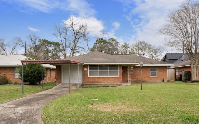 ranch-style house with brick siding, roof with shingles, an attached garage, driveway, and a front lawn