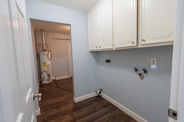 clothes washing area featuring gas water heater, cabinets, hookup for a washing machine, electric dryer hookup, and dark wood-type flooring