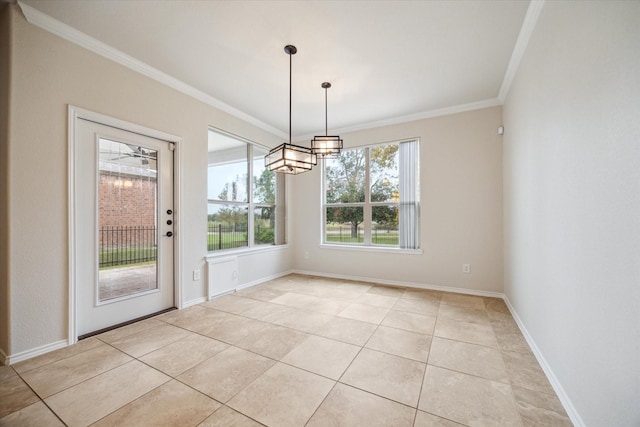 unfurnished dining area featuring light tile patterned flooring, baseboards, and ornamental molding