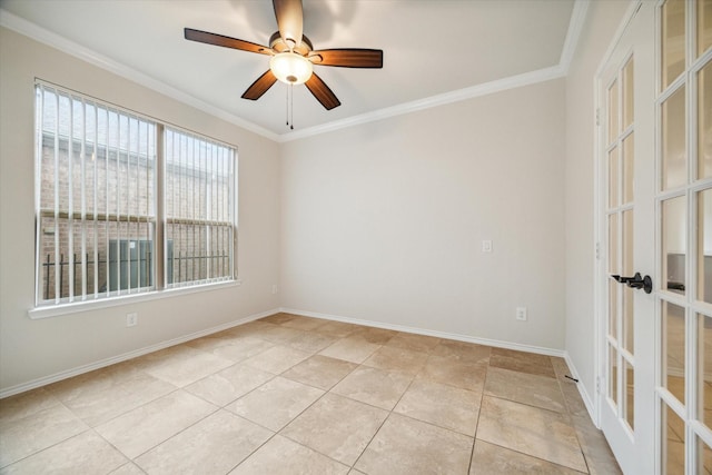 empty room featuring french doors, baseboards, a ceiling fan, and crown molding