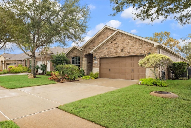 ranch-style house with a garage, brick siding, concrete driveway, and a front yard