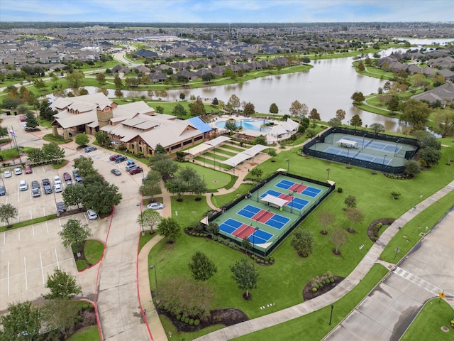 aerial view featuring a water view and a residential view