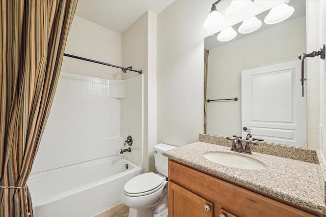 full bathroom with shower / bath combination with curtain, toilet, and vanity