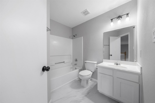 full bathroom featuring bathing tub / shower combination, vanity, and toilet