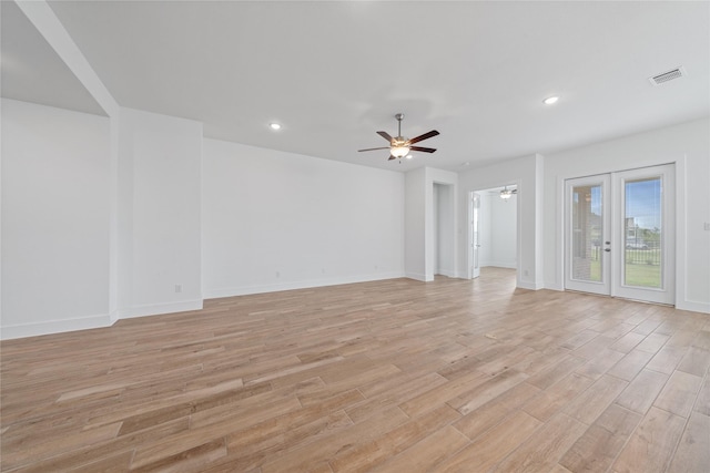 32646 Fly Fish Way, Fulshear, TX 77441 - unfurnished room with a ceiling fan, light wood-style floors, recessed lighting, french doors, and baseboards
