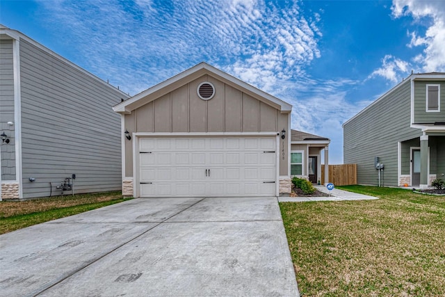 view of front facade featuring concrete driveway, board and batten siding, a garage, stone siding, and a front lawn