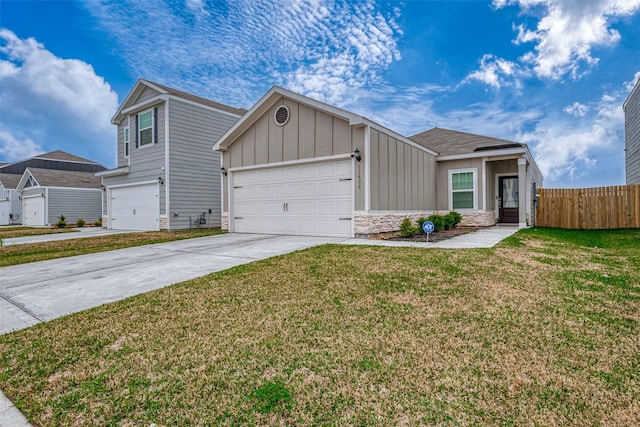 view of front of house with driveway, board and batten siding, a front yard, and fence