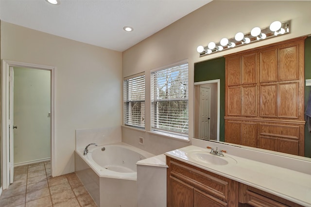 full bath with vanity, recessed lighting, tile patterned flooring, and a whirlpool tub