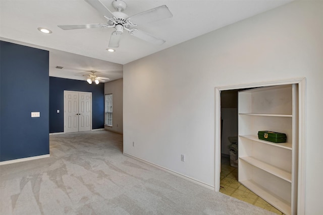 unfurnished room featuring baseboards, recessed lighting, ceiling fan, and carpet flooring