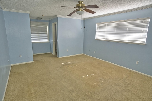 carpeted spare room with ceiling fan, crown molding, a wealth of natural light, and a textured ceiling