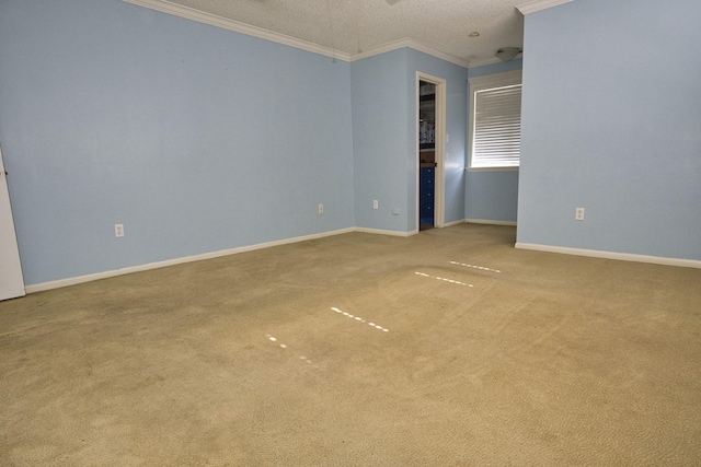 carpeted empty room with ornamental molding and a textured ceiling