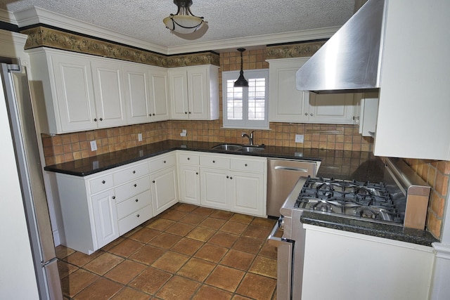 kitchen featuring extractor fan, white cabinetry, sink, stainless steel appliances, and crown molding