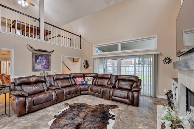 living room with a high ceiling