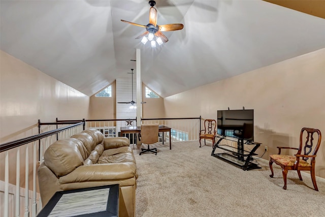 living area with lofted ceiling, carpet flooring, and ceiling fan