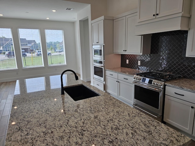 32650 Fly Fish Way, Fulshear, TX 77441 - kitchen featuring stainless steel appliances, a sink, light stone countertops, decorative backsplash, and recessed lighting