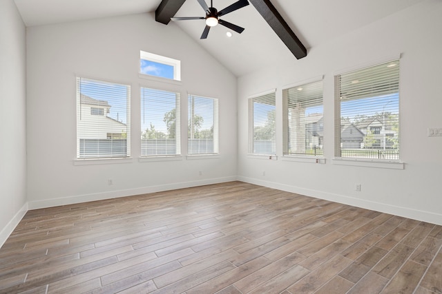 32650 Fly Fish Way, Fulshear, TX 77441 - unfurnished room with ceiling fan, beamed ceiling, plenty of natural light, wood finished floors, and high vaulted ceiling