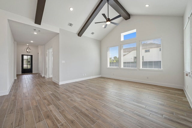 32650 Fly Fish Way, Fulshear, TX 77441 - unfurnished living room featuring beamed ceiling, ceiling fan, light wood-style floors, high vaulted ceiling, and recessed lighting