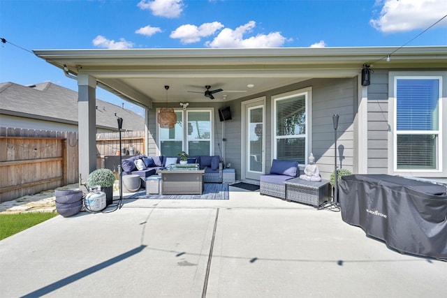 view of patio featuring an outdoor hangout area and ceiling fan