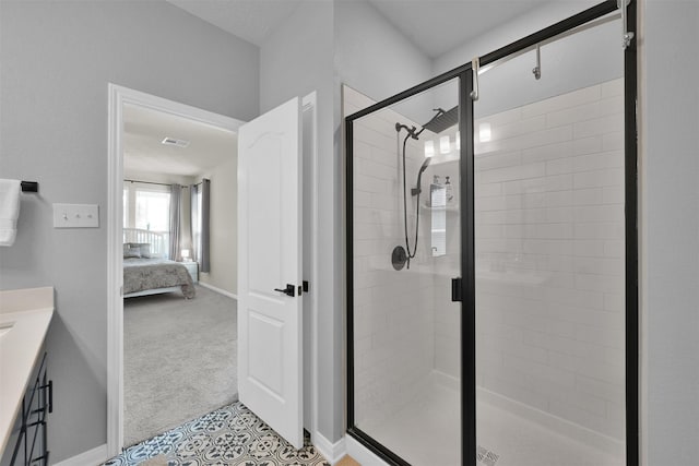 bathroom with vanity and walk in shower