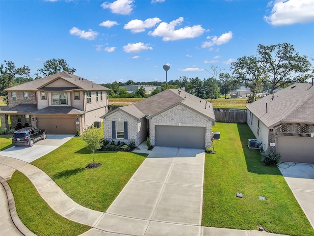 view of front of property featuring central AC unit and a front lawn