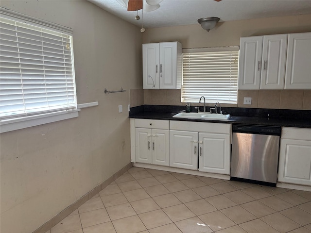 kitchen featuring white cabinetry, stainless steel dishwasher, sink, and decorative backsplash