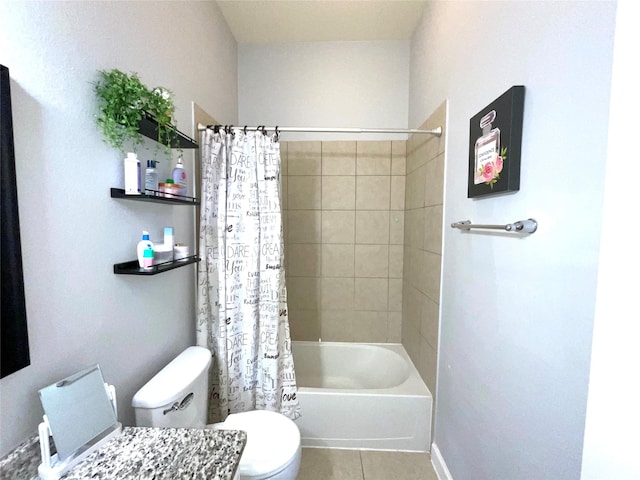 full bath with tile patterned flooring, shower / tub combo with curtain, and toilet