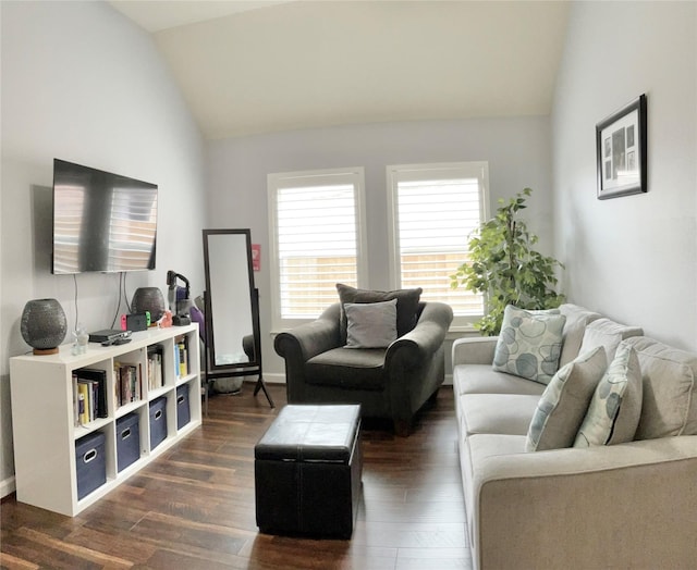 living area featuring lofted ceiling and dark wood finished floors