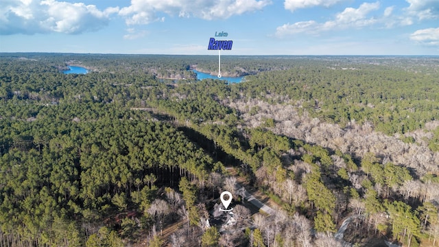 drone / aerial view featuring a forest view and a water view