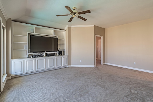 unfurnished living room featuring a ceiling fan, light colored carpet, crown molding, and baseboards