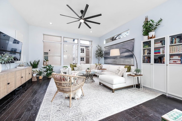 living area featuring dark wood-style floors, recessed lighting, and a ceiling fan