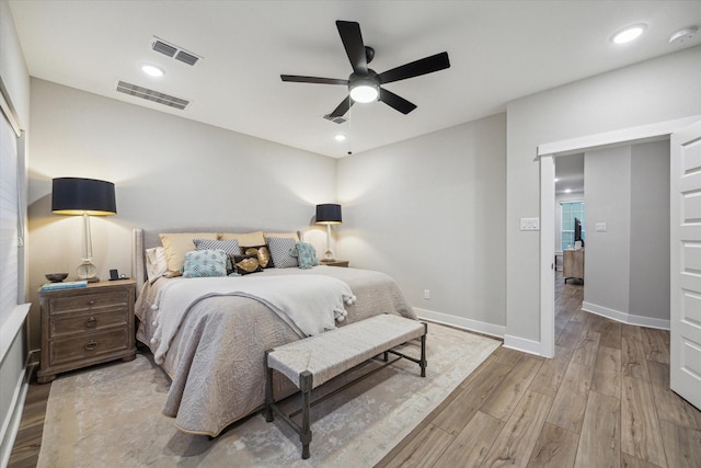 bedroom featuring ceiling fan and light hardwood / wood-style floors