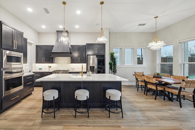 kitchen with an island with sink, hanging light fixtures, and stainless steel appliances