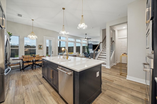 kitchen with light hardwood / wood-style flooring, sink, pendant lighting, stainless steel appliances, and an island with sink