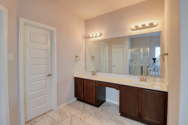 15158 N Heron Heights Way, Magnolia, TX 77354 - full bathroom featuring double vanity, a sink, marble finish floor, and a stall shower