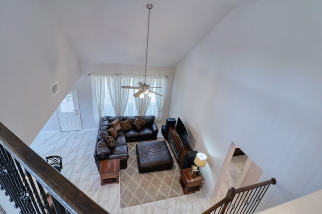 15158 N Heron Heights Way, Magnolia, TX 77354 - tiled living area featuring a ceiling fan, vaulted ceiling, and visible vents