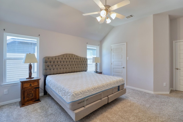 15158 N Heron Heights Way, Magnolia, TX 77354 - carpeted bedroom with baseboards, ceiling fan, vaulted ceiling, and visible vents