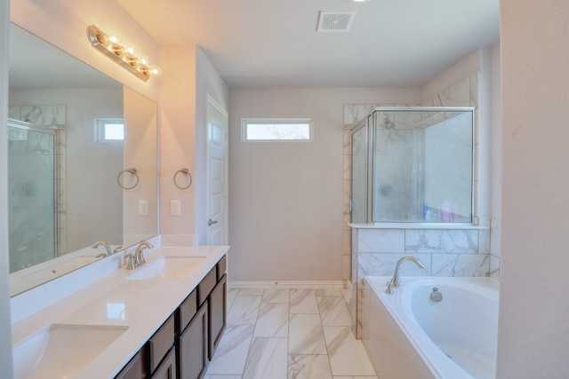 15158 N Heron Heights Way, Magnolia, TX 77354 - bathroom with a tile shower, a sink, double vanity, visible vents, and a bath