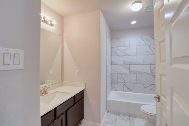 15158 N Heron Heights Way, Magnolia, TX 77354 - full bathroom with vanity, visible vents, marble finish floor, toilet, and baseboards