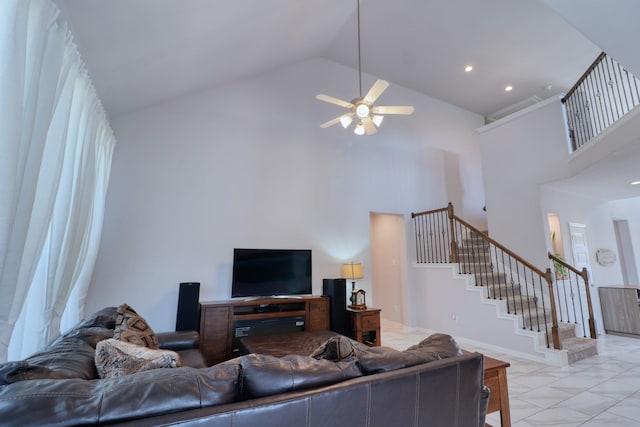 15158 N Heron Heights Way, Magnolia, TX 77354 - living room featuring stairway, high vaulted ceiling, ceiling fan, and recessed lighting