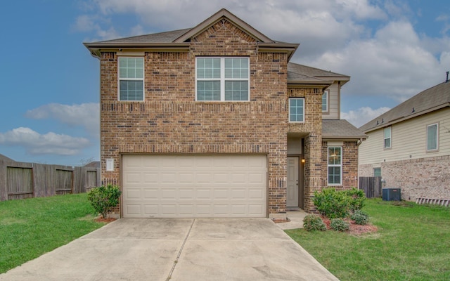 view of front of house with a garage, a front lawn, and central air condition unit