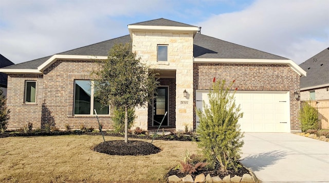 view of front of property with a garage and a front lawn