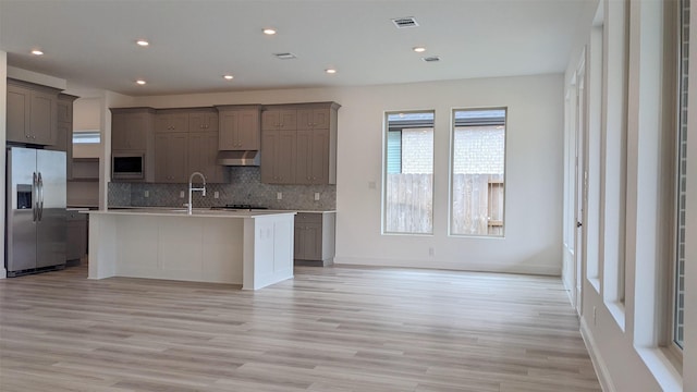 kitchen with light wood-type flooring, appliances with stainless steel finishes, a kitchen island with sink, and backsplash