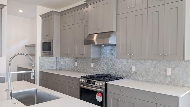 kitchen with sink, decorative backsplash, ventilation hood, and appliances with stainless steel finishes