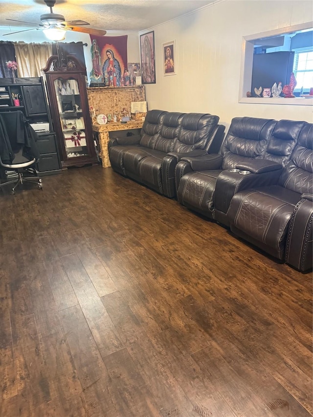 living room featuring ceiling fan and dark hardwood / wood-style flooring