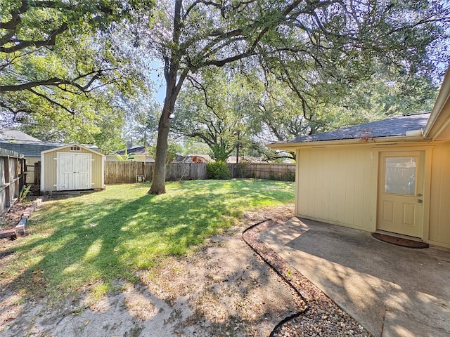 view of yard featuring a patio area and a storage unit