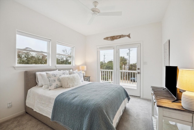 bedroom with access to outside, baseboards, ceiling fan, and light colored carpet